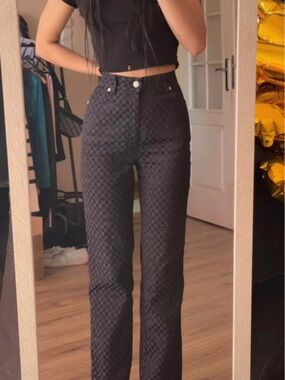 Versace Black Checkered High-Waist Straight Pants